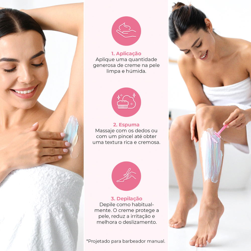 Passo a passo para usar o creme de depilação Velvet Cloud da LumiSilk – aplicação, massagem para formar espuma cremosa e depilação suave com lâmina manual.