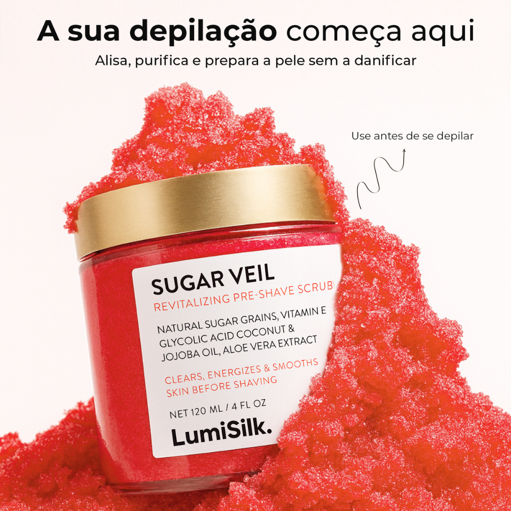 Esfoliante pré-depilação Sugar Veil da LumiSilk – Alisa, purifica e suaviza a pele antes da depilação com grãos de açúcar naturais, vitamina E, óleo de jojoba e aloe vera.