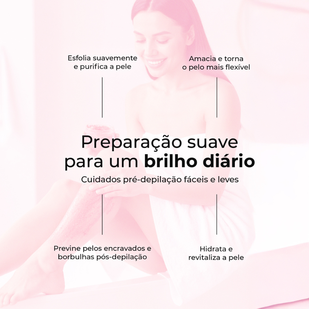 Preparação suave da pele com o esfoliante Sugar Veil da LumiSilk – hidrata, amacia e previne pelos encravados para um brilho diário antes da depilação.