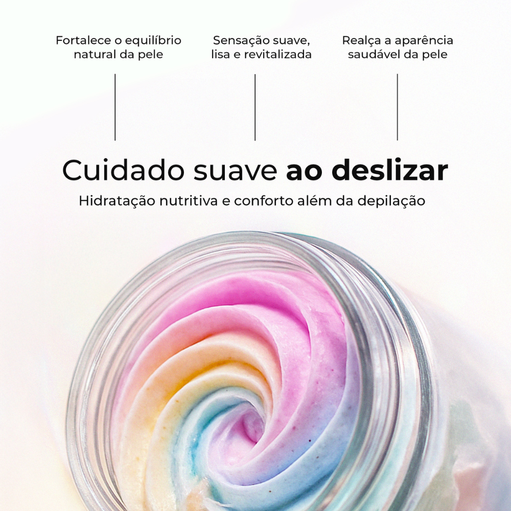 Creme de depilação colorido Velvet Cloud da LumiSilk em pote aberto – cuidado suave ao deslizar, hidratação nutritiva, conforto e aparência saudável da pele.