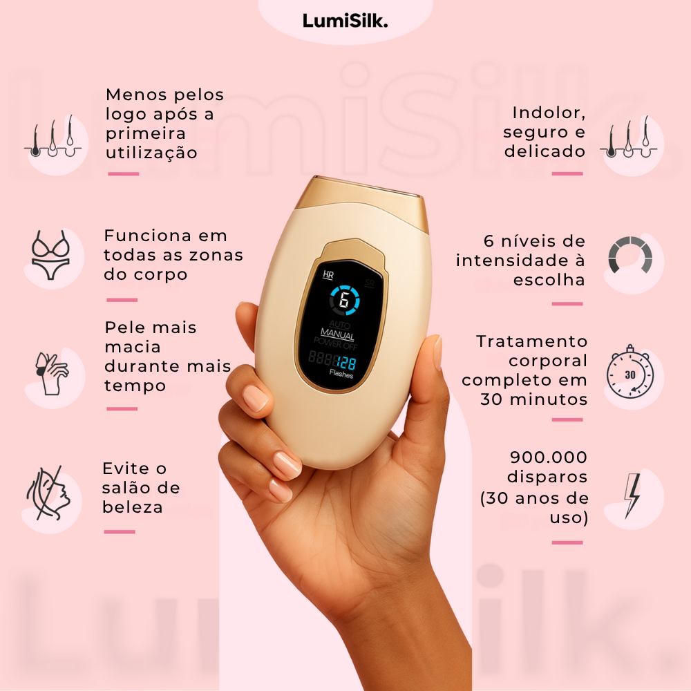 Benefícios do Lumina da Lumisilk: indolor, seguro, eficaz em todas as áreas do corpo e com resultados duradouros em casa.
