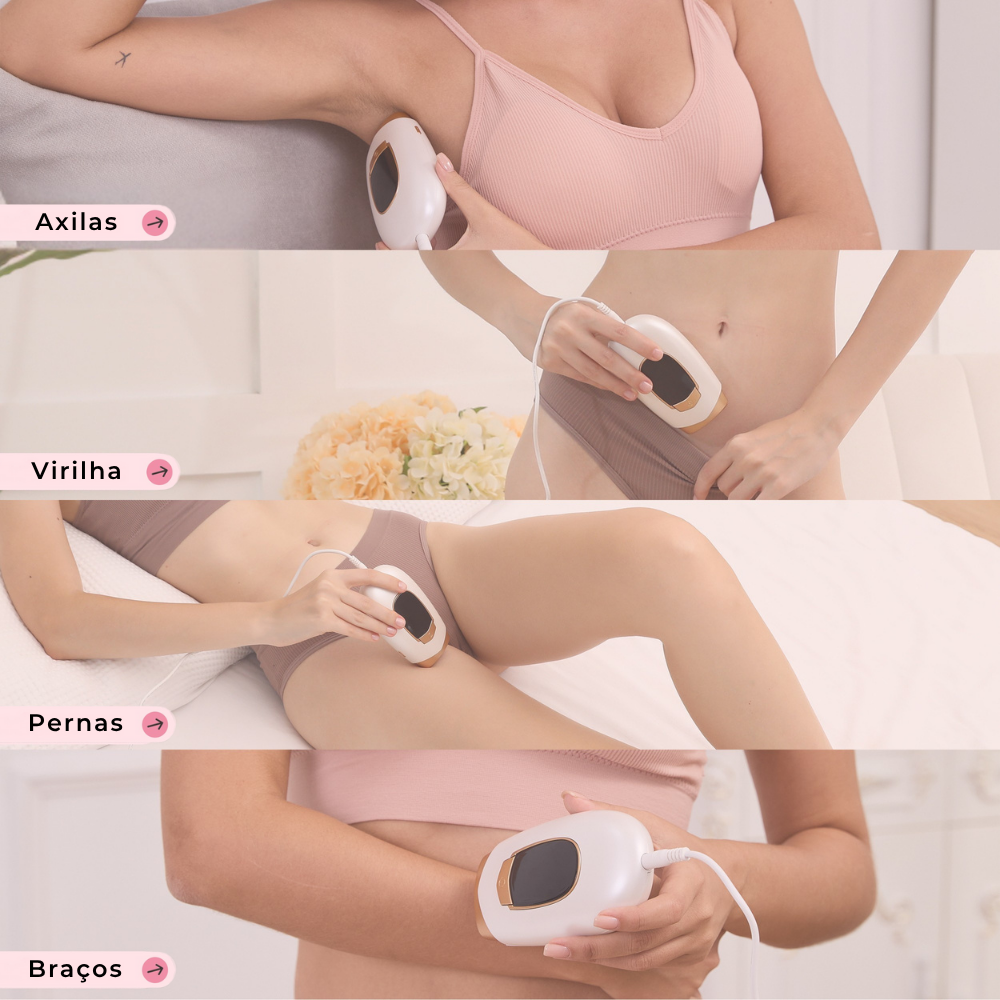 Uso do Lumina nas axilas, linha do biquíni, pernas e braços – depilação IPL segura e eficaz para o corpo inteiro.