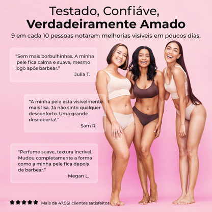 Mulheres satisfeitas com o óleo pós-barba Silky Balloon da Lumisilk, com depoimentos sobre pele mais suave, sem borbulhas e visivelmente melhor.