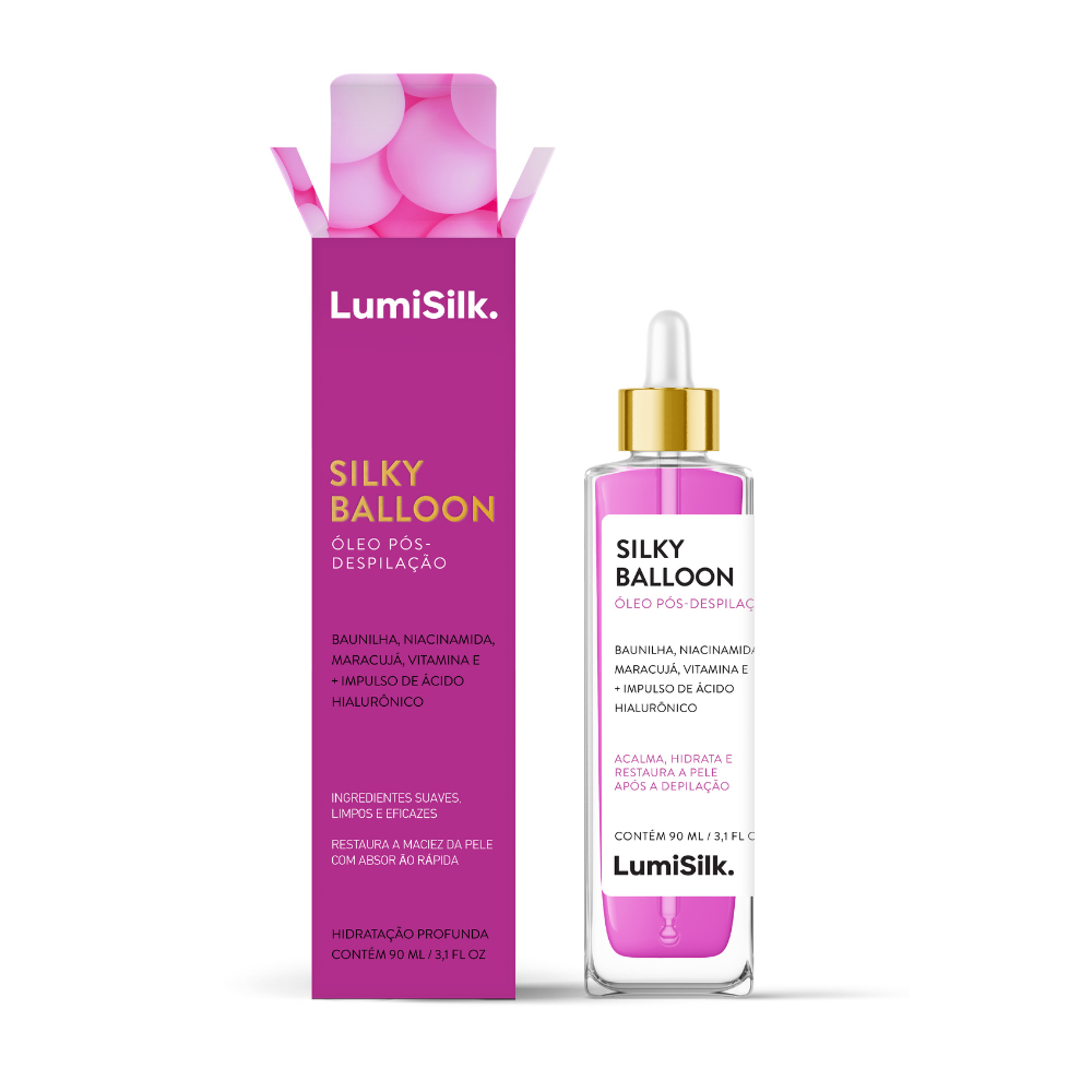 Frente do frasco e embalagem do óleo pós-depilação Silky Balloon da Lumisilk com ingredientes naturais e fórmula calmante.