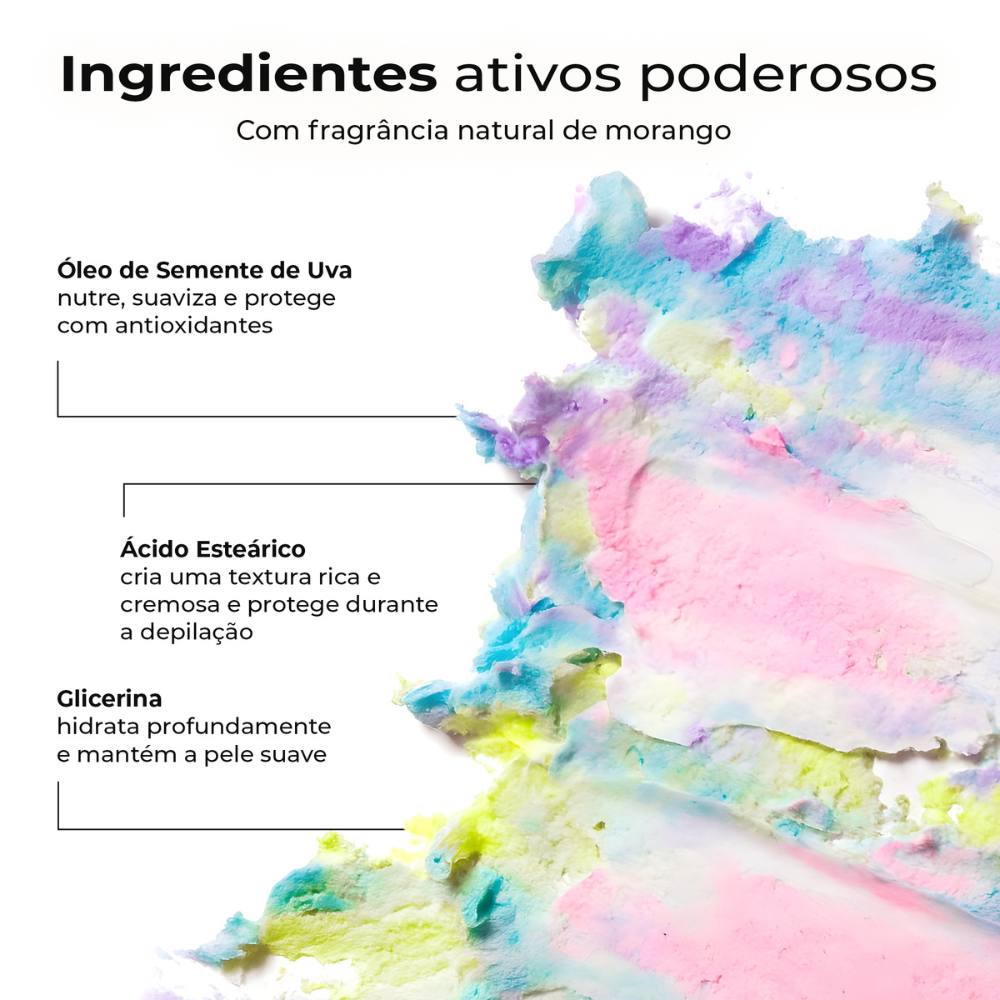 Textura cremosa com ingredientes ativos poderosos – óleo de semente de uva, ácido esteárico e glicerina para hidratação, proteção e suavidade da pele com fragrância natural de morango.