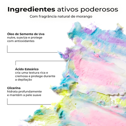 Textura cremosa com ingredientes ativos poderosos – óleo de semente de uva, ácido esteárico e glicerina para hidratação, proteção e suavidade da pele com fragrância natural de morango.