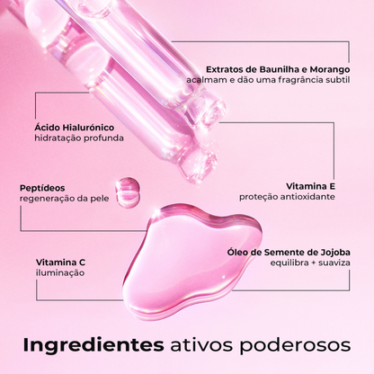 Composição do óleo pós-barba Silky Balloon da Lumisilk com ácido hialurônico, jojoba, peptídeos, baunilha, morango e vitaminas C e E.