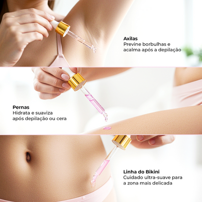 Aplicação do óleo pós-barba Silky Balloon da Lumisilk nas axilas, pernas e linha do bikini para hidratação e cuidado pós-depilação.