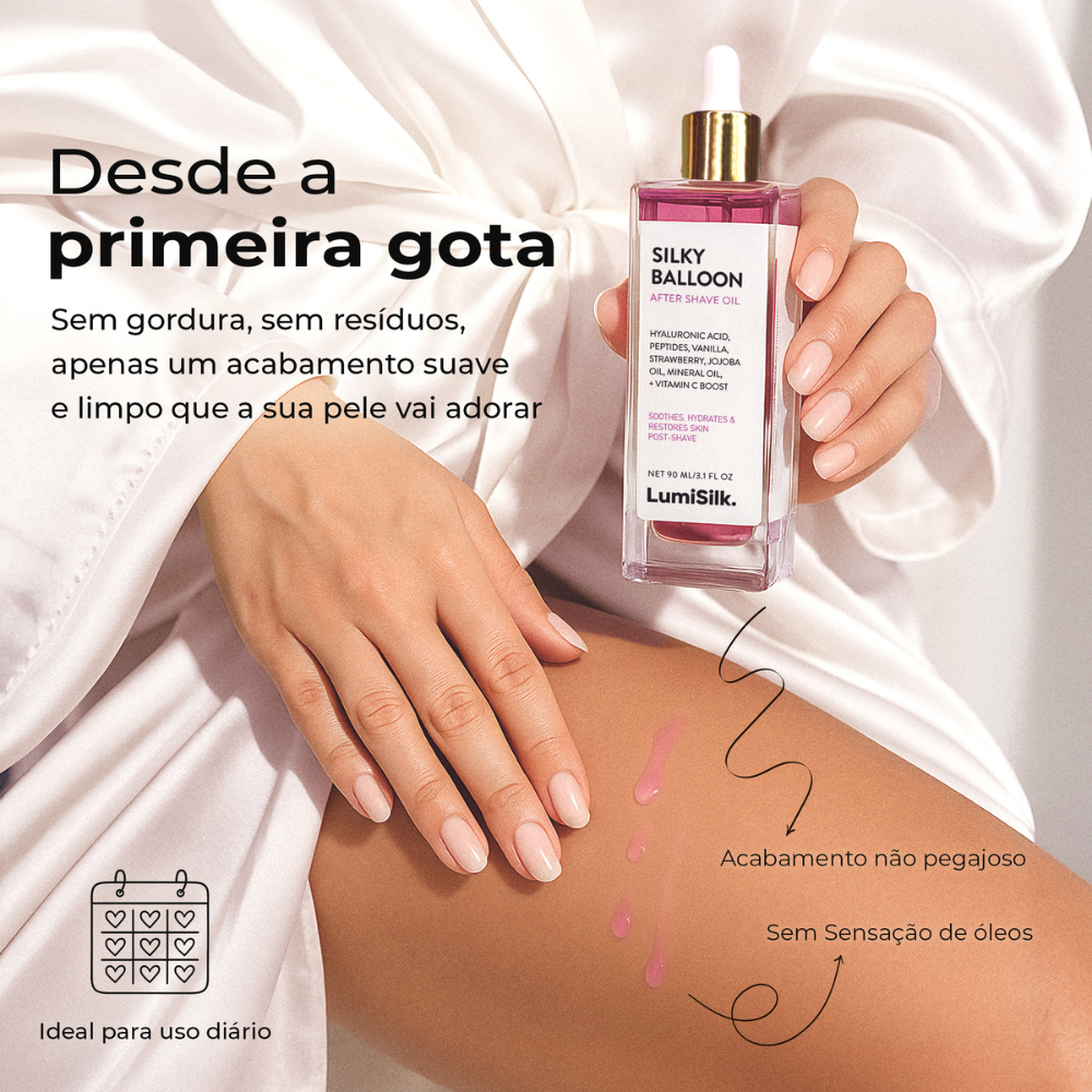Mulher aplicando óleo pós-barba Silky Balloon da Lumisilk na perna, com textura leve, sem gordura, ideal para uso diário.
