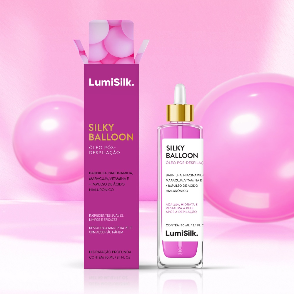 Frasco e embalagem do óleo pós-depilação Silky Balloon da Lumisilk, com ingredientes suaves e hidratação profunda.
