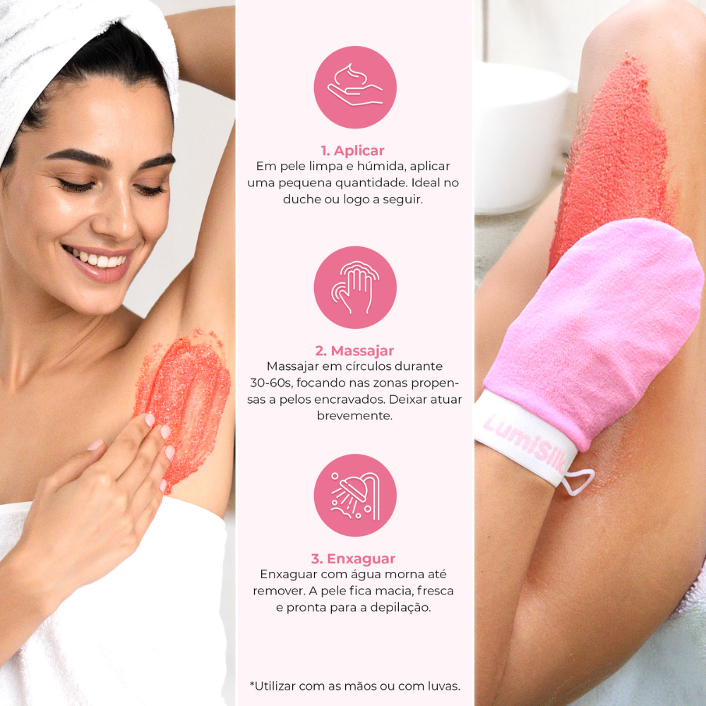Como usar o esfoliante pré-depilação Sugar Veil da LumiSilk – aplicar, massajar e enxaguar para uma pele macia, limpa e pronta para depilar. Ideal com mãos ou luvas.