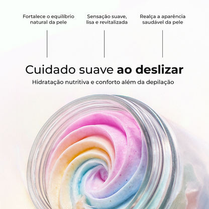 Creme de depilação colorido Velvet Cloud da LumiSilk em pote aberto – cuidado suave ao deslizar, hidratação nutritiva, conforto e aparência saudável da pele.